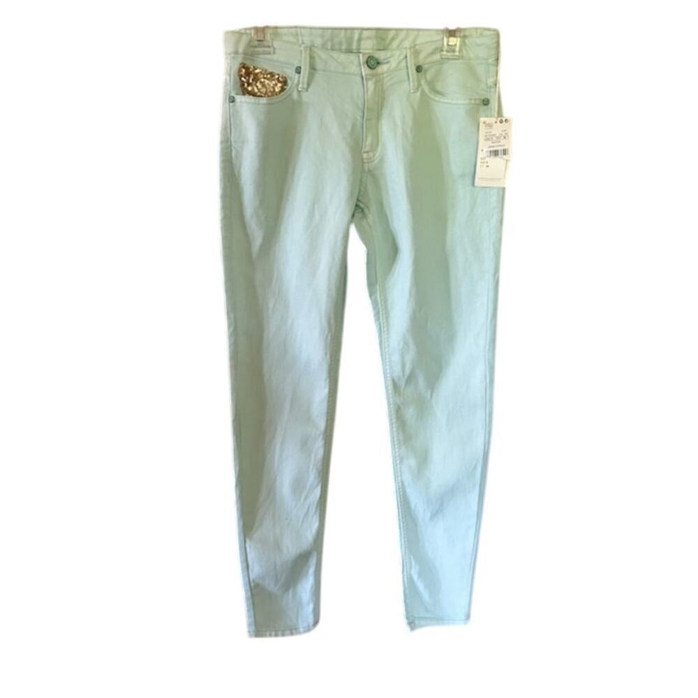 MNG Mango Mint Green Skinny Jeans with Gold Sequin Pockets – Size US 6  NWT